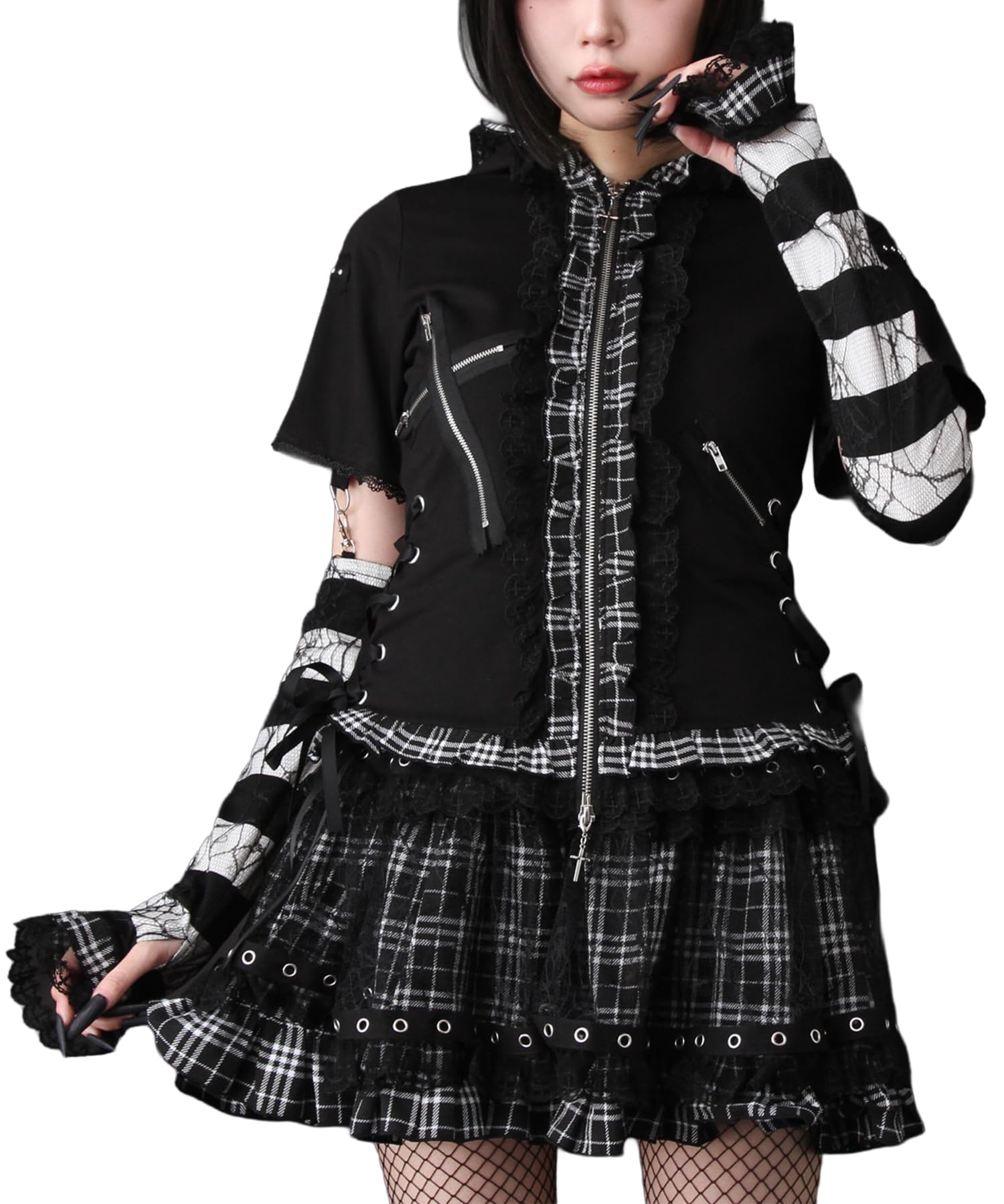 

Cat Ear Punk Short Top, Black x White, LL, Landmine Style, Sickly Cute, Mass-Produced, Dream View