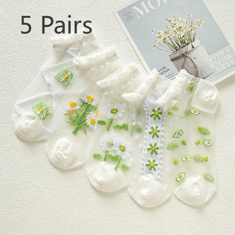 5 Pairs of Female Summer Ultra Thin Breathable Lace Hollowed Out Crystal Glass Wire Cool Boat Socks