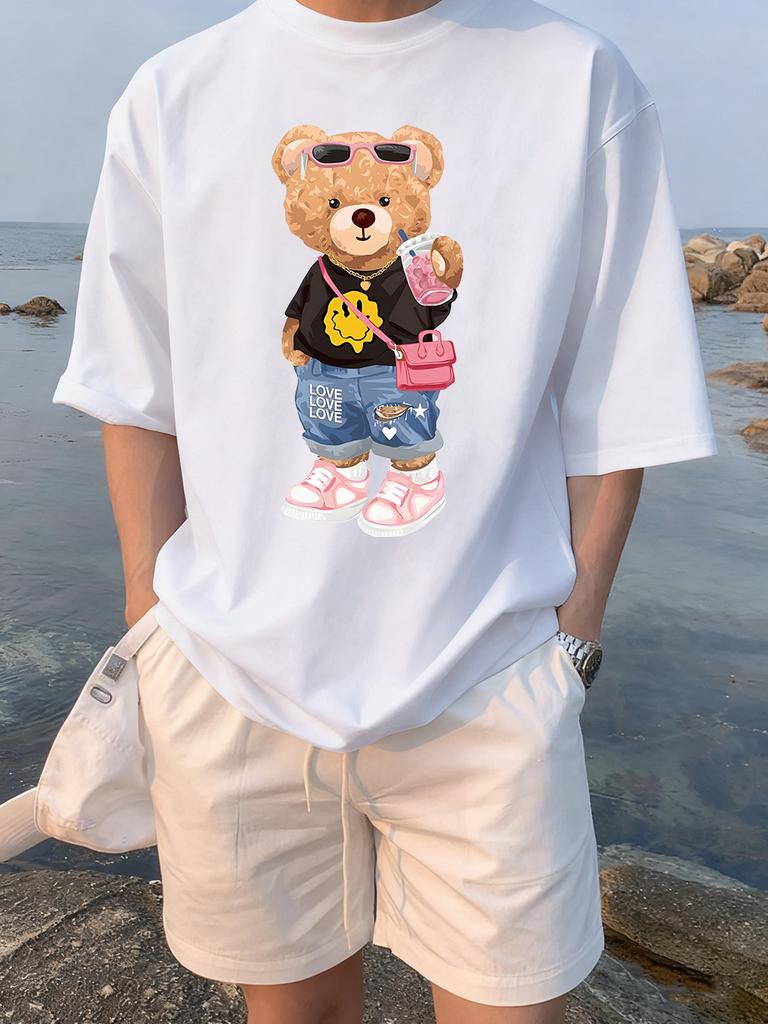 Bear Likes Drink Beverages Printed TShirts Women Summer Cotton Short Sleeve Tees Loose ONeck Soft Tops Basic Woman Clothes