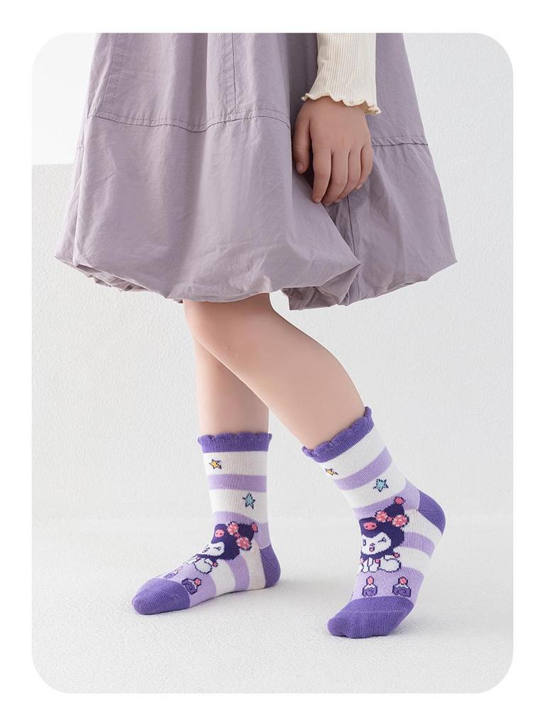 Kuromi Girls' Mid-Calf Cotton Socks - Cute Rainbow Design for Spring, Autumn, and Winter