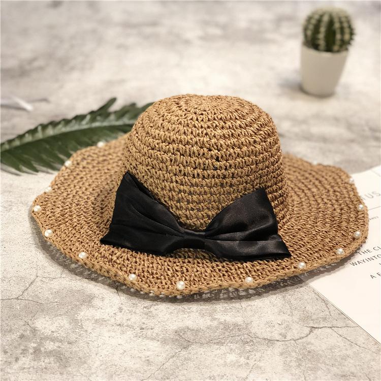 

Летняя шляпа женская модная с бантом и жемчугом шляпа-ведро женская пляжная солнцезащитная соломенная шляпа прохладная шляпа верблюд