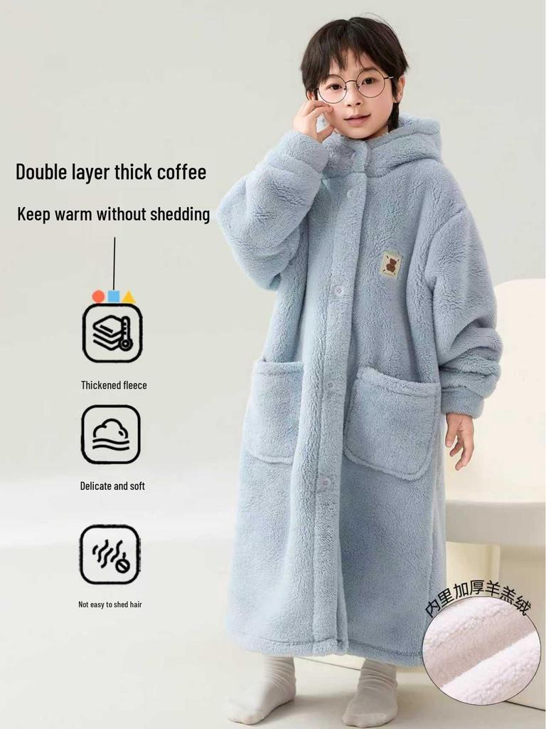 Kids' Winter Coral Fleece Bathrobe - Double-Layer Warm Pajamas for Boys or Girls