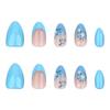24Pcs French Tip Blue Flower Press On Nail Short Almond Shape Stick on Nail Manicure Nail Decoration for Women