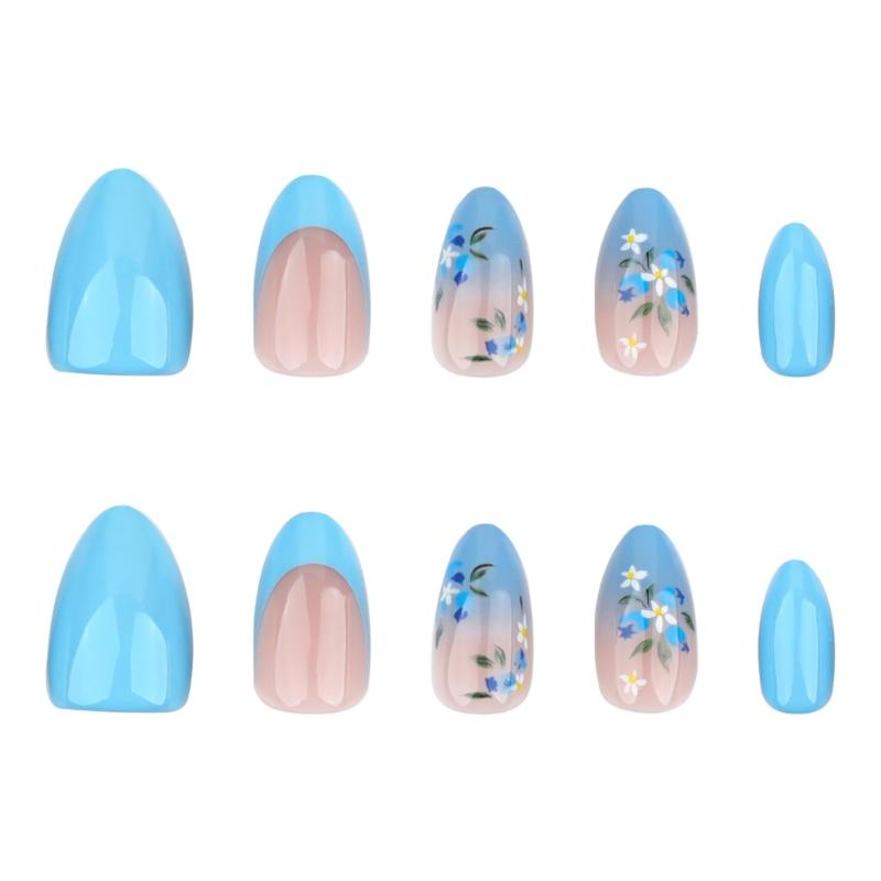 24Pcs French Tip Blue Flower Press On Nail Short Almond Shape Stick on Nail Manicure Nail Decoration for Women