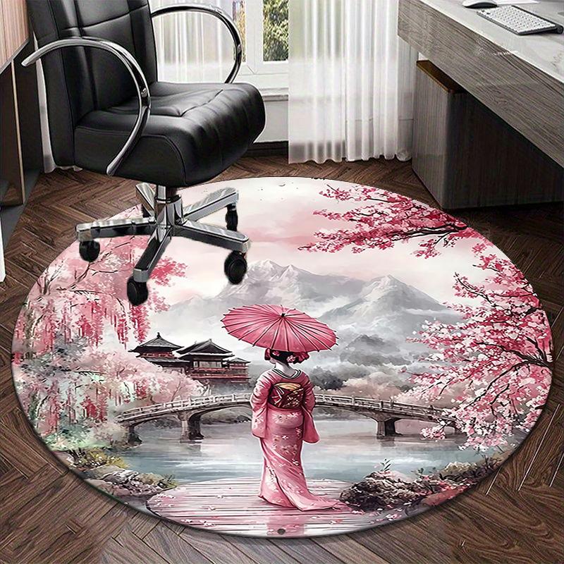 Cherry Blossom Geisha Beauty round carpet Chair cushion Round Entryway Rug, Soft Round Rugs for Living Room, Bedroom, Circle Carpet decor gifts