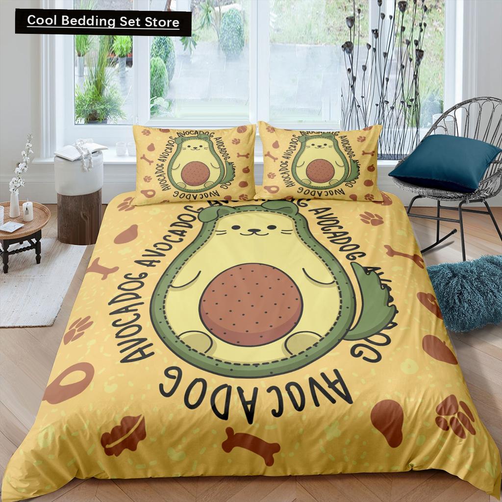 Husă de pilotă verde avocado King Queen Set de lenjerie de pat cu avocado din desene animate Husă de pilota cu fructe Husă de pilotă din poliester cu plante tropicale