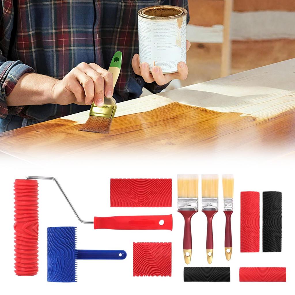 Rouleau à Peinture à Motifs 11 Pièces Caoutchouc Outil Réaliste Avec Manche Grain de Bois Rouleau de Peinture Pour Décoration de Pièce de Maison Meubles