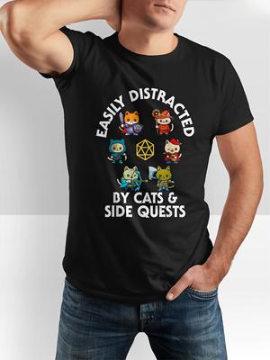 2025 Summer RPG Gamer Cats Side Quests D20 Dice Nerdy Cat Men Women Kids T-Shirt Fashion Clothing Tops Tee