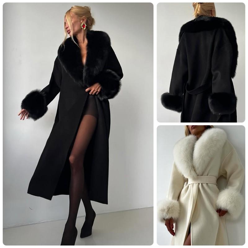 2026 Womens Oversized Wool Blend Long Coat With Faux Fur Collar Solid Color Elegant Winter Outerwear