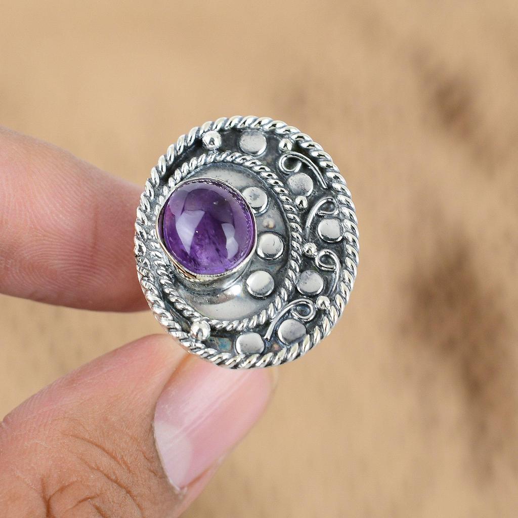 Natural African Amethyst Gemstone 925 Silver Promise Adjustable Ring For Girls