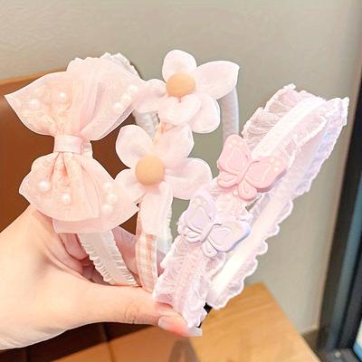 3pcs Elegant & Sweet Lace Floral Mesh Non-Slip Headbands, Charming Bow Accents, Trendy Hair Accessories