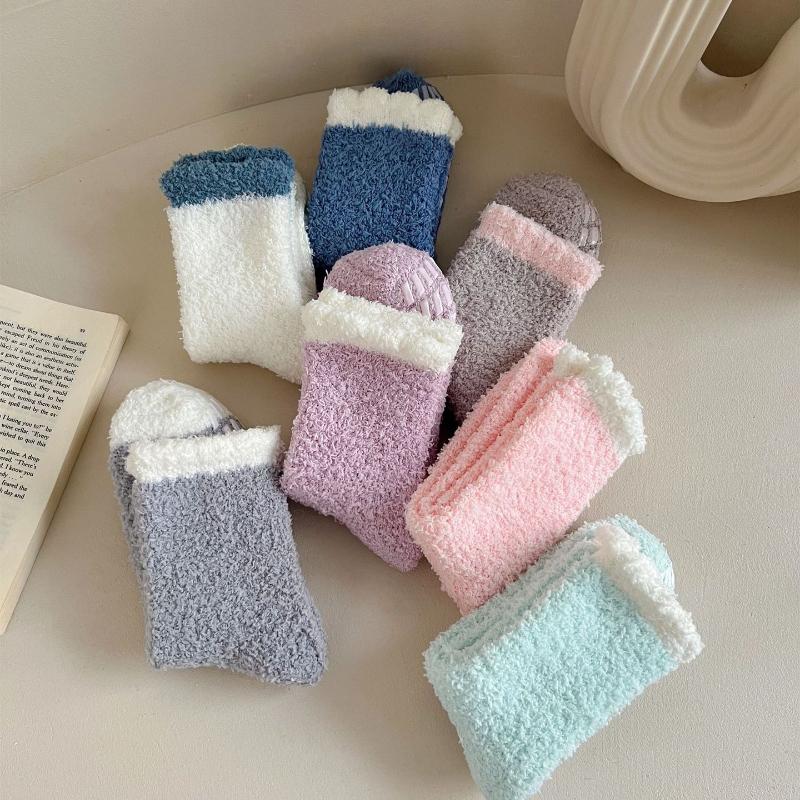 6 Pairs  Women's Non-Slip Thermal Fleece Socks Winter Thick Floor Socks Solid Color Mix Soft Polyester One Size Color As Same As The Picture