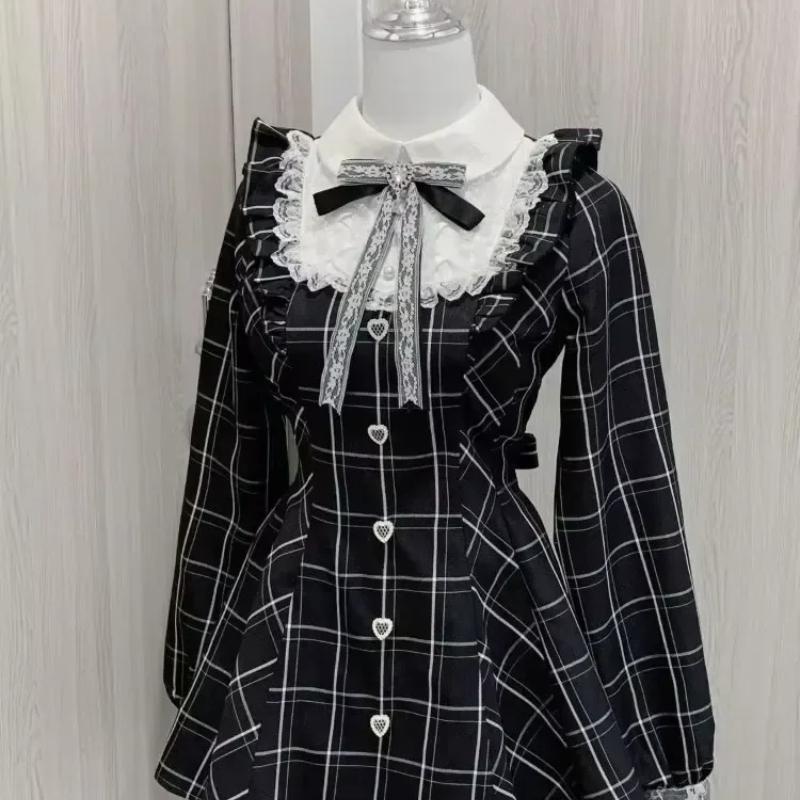 Japanese Y2 Aesthetics Vintage Bow Dress Shorts Set Women Gothic Lolita Style Long Sleeve Shirt Dress Elegant Party Dress Suits