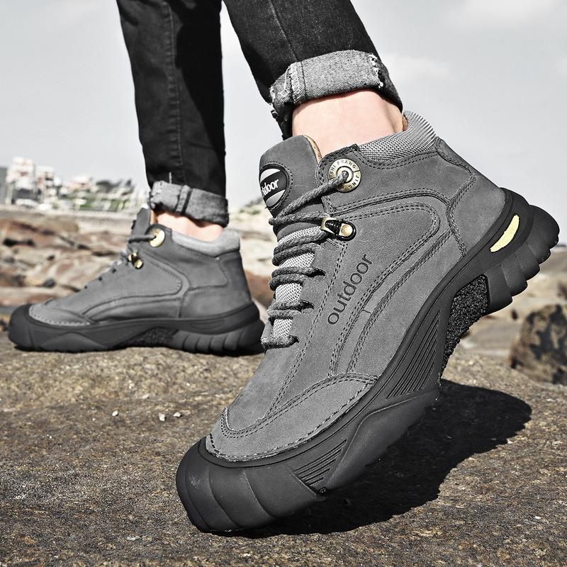 Winter Velvet Warm High-top Cotton Shoes Large Size Outdoor Hiking Shoes Men's Lace-up Platform Casual Leather Shoes