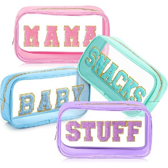 4 Pcs Mama and Baby Toiletry Bag Clear Chenille Letter Pouch Snacks Makeup Stuff Travel Diaper Bag Preppy Transparent Pouch with Zipper for Women