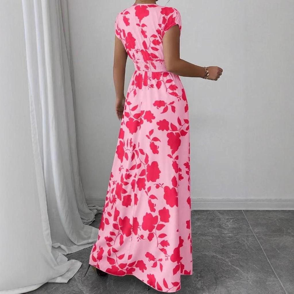 2025 Women's V-Neck Short Sleeve Tie-Up Dress with New Print - Spring/Summer Waist-Cinching Long Dress