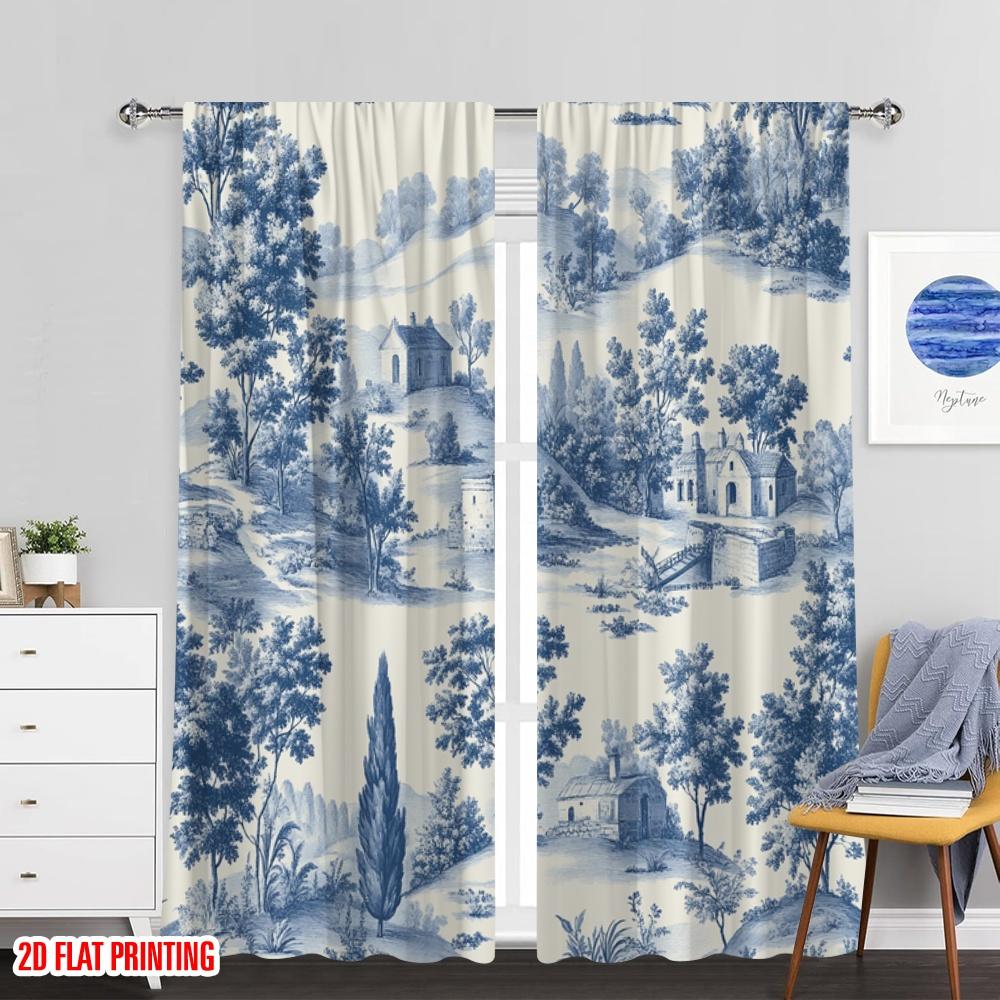 Plane Printing Curtains Digital Printed Blue Landscape Scene Durable Polyester Fabric Without Rod Versatile Set Of 2 Made