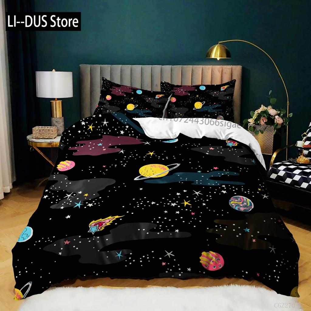Bettbezug mit Raumschiffen für Jungen und Kinder, Astronomie-Bettwäscheset aus Mikrofaser, Weltraum-Abenteuer, farbenfroher Raumschiff-Bettbezug für Kingsize-Bett