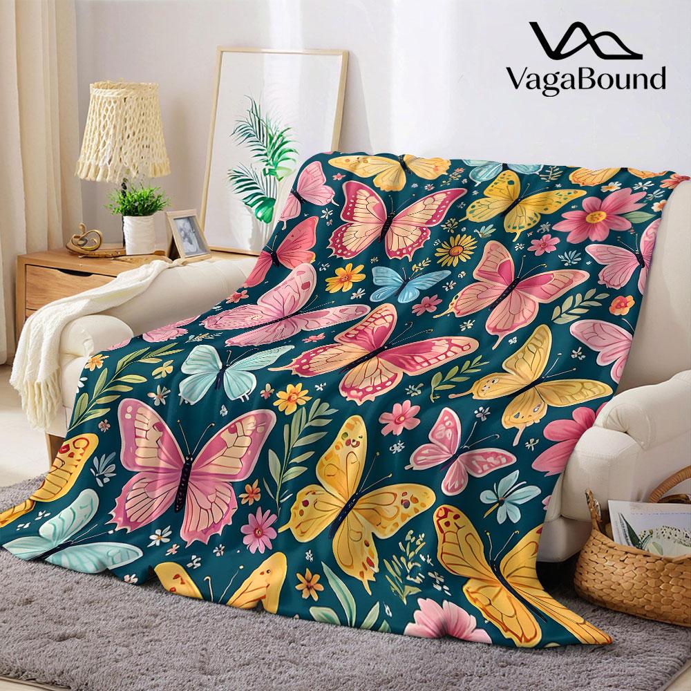 Teal Butterfly Floral Flannel Blanket Warm Soft Halloween Christmas Decorative Couch Warm Cozy All-Season Gift