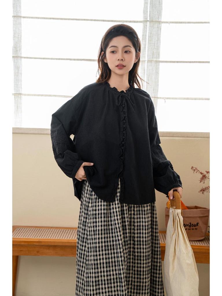 Forest Girl Lace Collar Puff Sleeve Cotton-Linen Cardigan