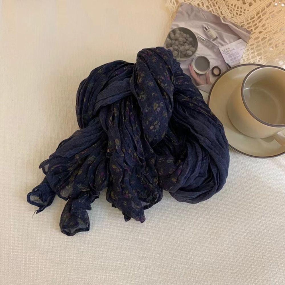 Keep Warm Pleated Printed Scarf Vintage Shawl Wrap Floral Cotton Linen Scarf