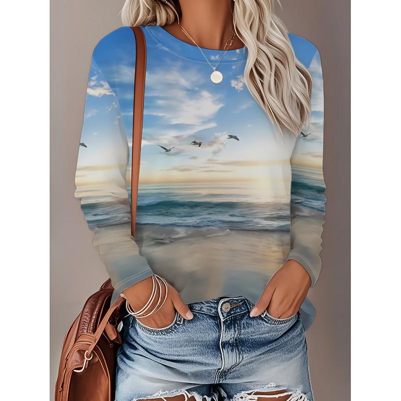 Womens Loose Fit Long Sleeve Round Neck Tee With 3D Peacock Cat Print - Milk Silk Fabric 2025 Casual Top