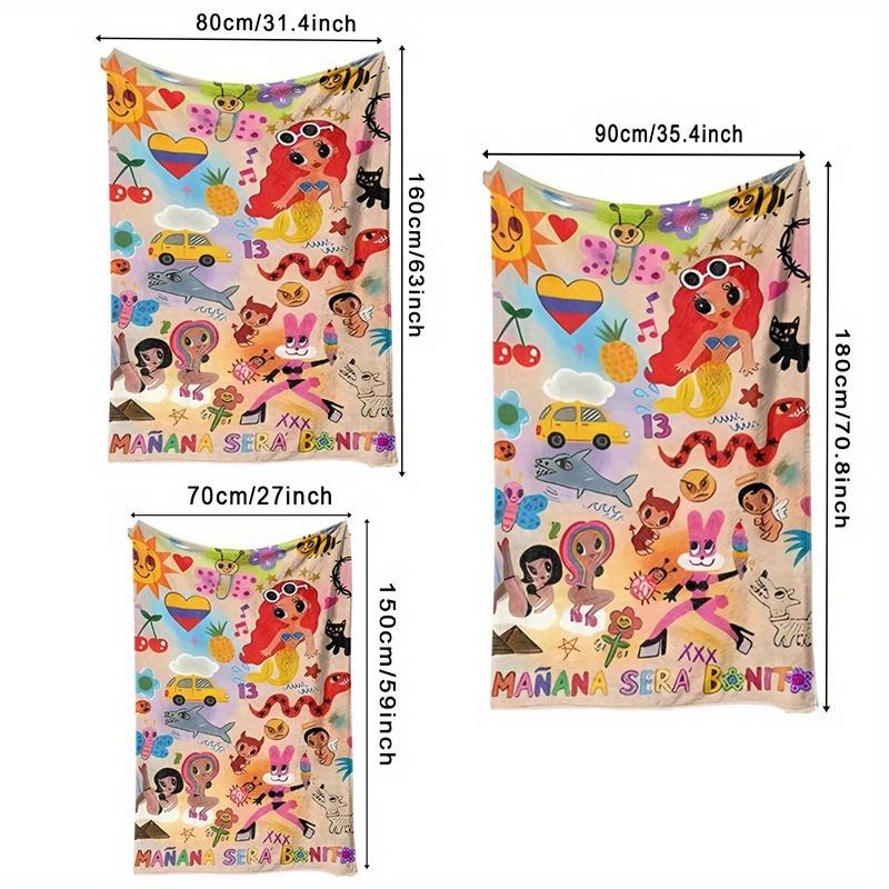 1pc Karol G "Mañana Será Bonito" Album Cover Beach Towel - Vibrant Cartoon Characters, Tropical Palm Trees & Clouds Design