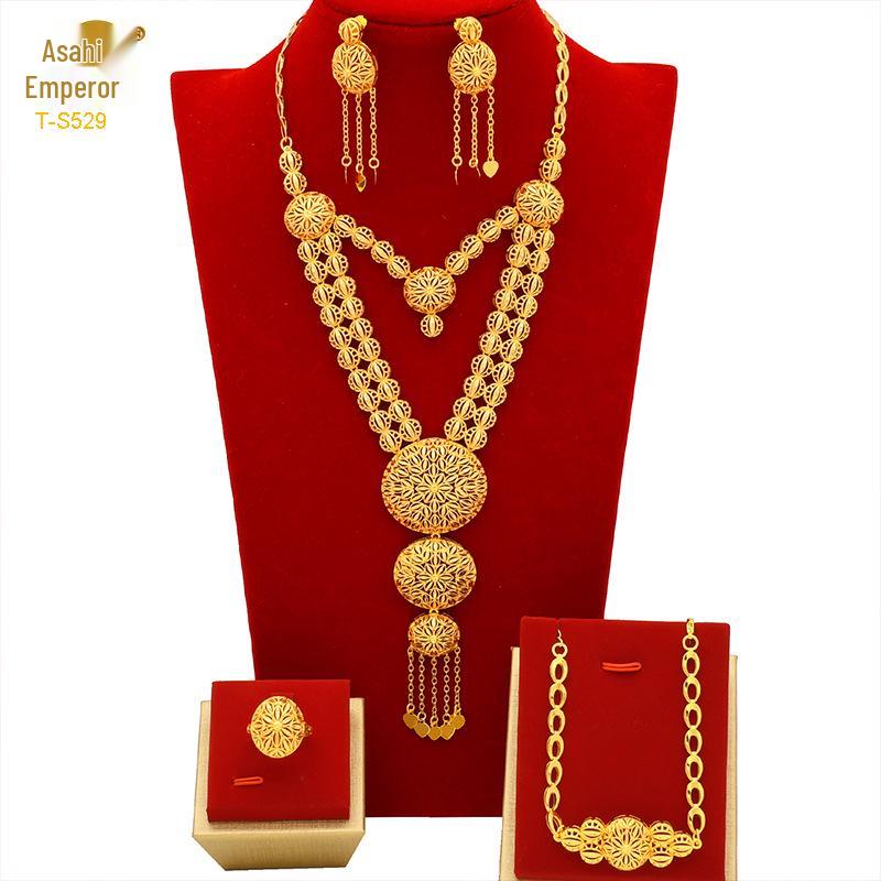 Dubai Wedding Jewelry Set: Ethnic Brass Gold-Plated Necklace, Earrings, Ring, and Bracelet.