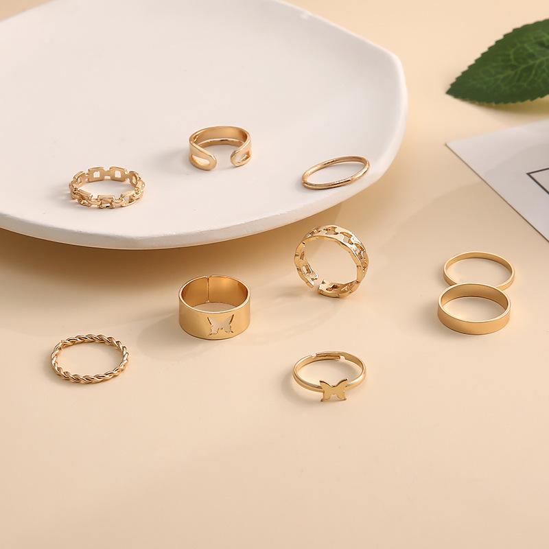 Fashion Hollow Butterfly Joint Ring Chain Open Double Layer 9-Piece Set Ring Women