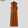 INCERUN Men Lapel Neck Sleeveless Button Up Casual Loose Long Rompers Jumpsuits
