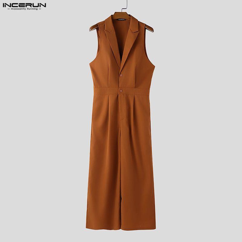 INCERUN Men Lapel Neck Sleeveless Button Up Casual Loose Long Rompers Jumpsuits