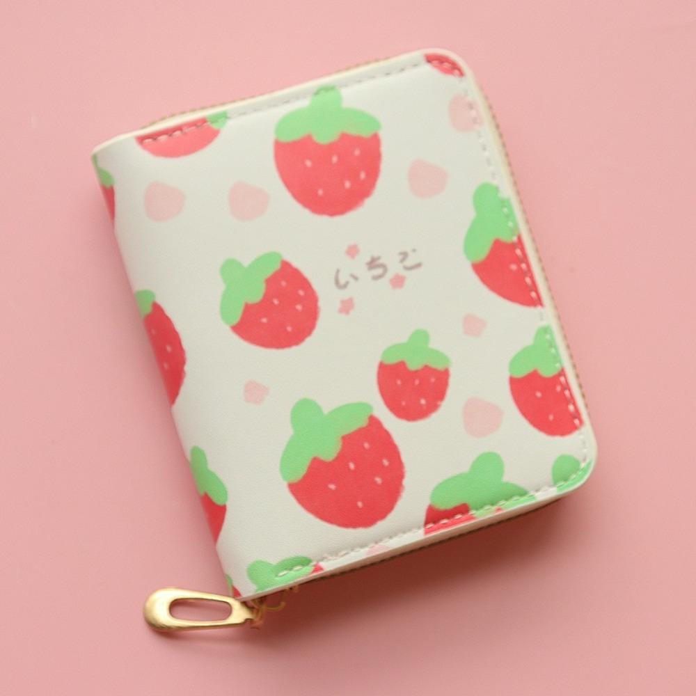 

New Fruit Print Short Chain Wallet Large Capacity Cute Design Bank Card Holder Fresh Style Strawberry Pattern Credit Card Holder