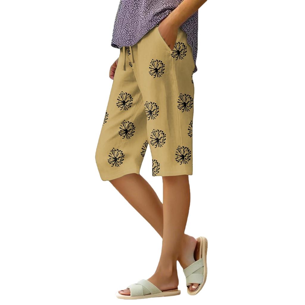 Pantaloni scurți largi de vară pentru femei, cu talie elastică și șnur, din bumbac și in floral