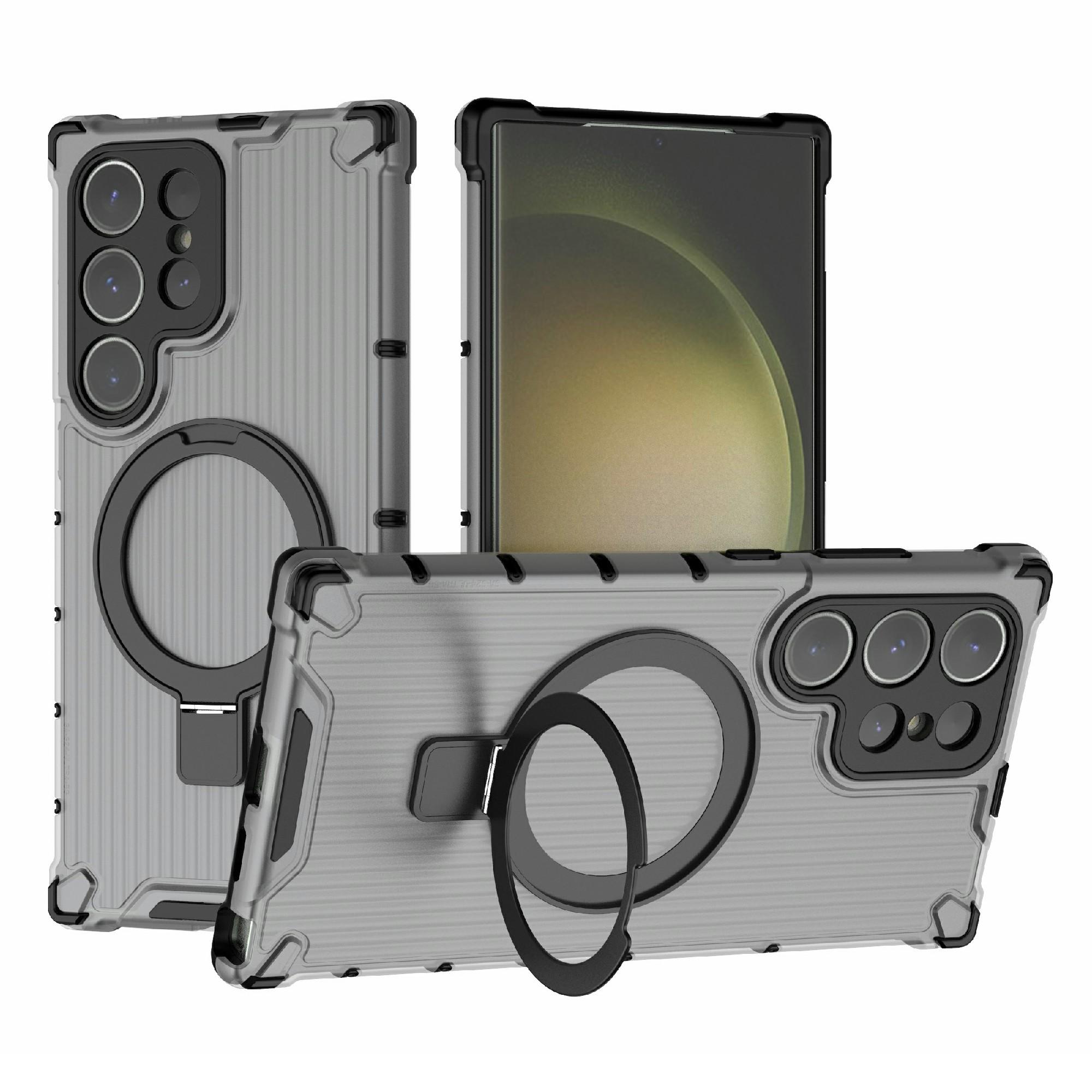 

For Samsung Galaxy S24 Ultra Case with Magnetic Ring Holder Stripe Design PC+TPU Back Cover Grey