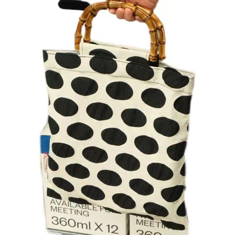 Black & Beige Polka Dot Retro Bamboo Handbag with Double Layers