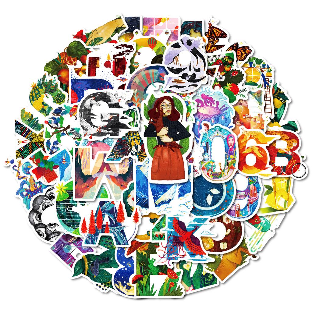 50 Creative Hand-Drawn Alphabet Graffiti Stickers Kids Reward Cartoon Stickers Decorative Stationery Box Diary Rice
