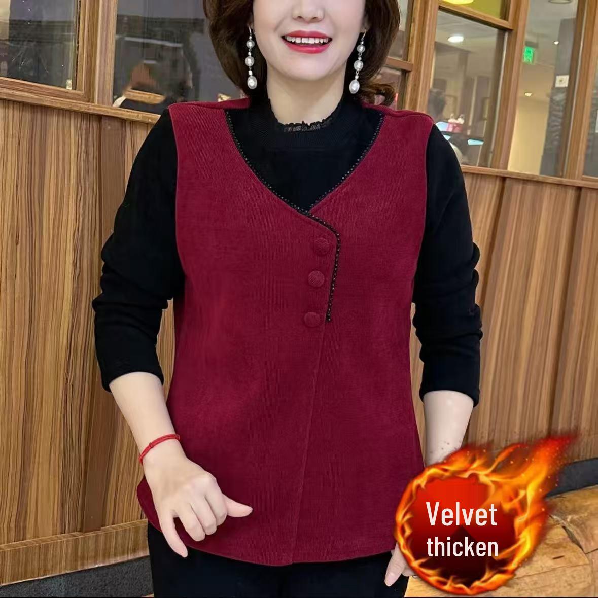 

Red Velvet Thickened Plus Size Winter Layered Top with Half-High Collar for Women 3XL (recommended for 125-140 lbs) красный