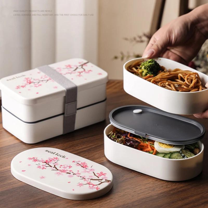 Double-layer Cherry Blossom Lunch Box for Kids Compartmented Meal Prep Food Storage Containers Portable Sealed Bento Lunchbox