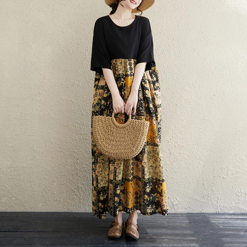 DIMANAF Plus Size Women Summer Dress Elegant Style Basic Vintage Long Dress Linen Loose Large Dress