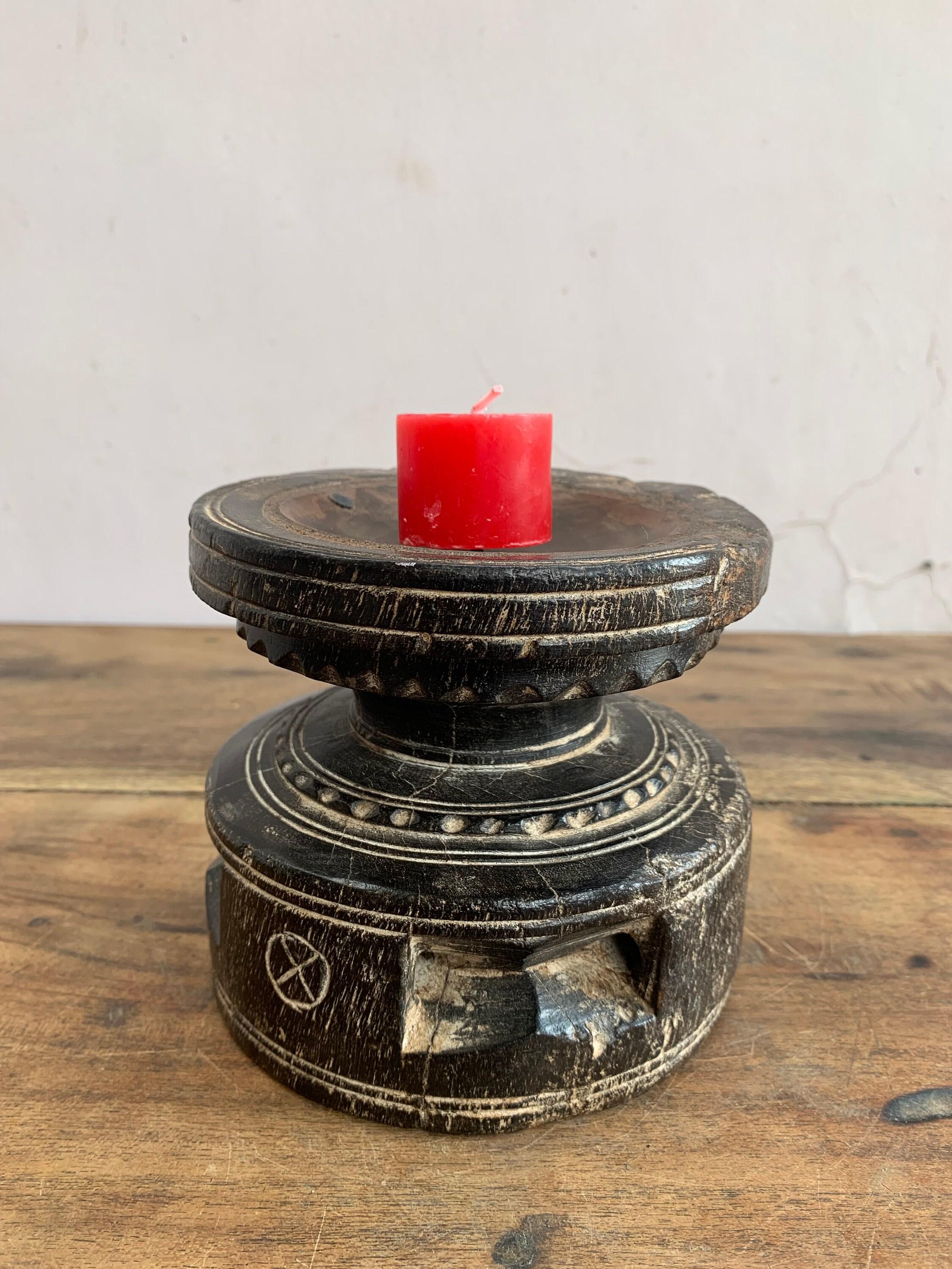 Antique Carved Wood Candle Stand: Rustic Reclaimed Indian Decor 16” X 8” X 24” (l x w x h) разноцветный