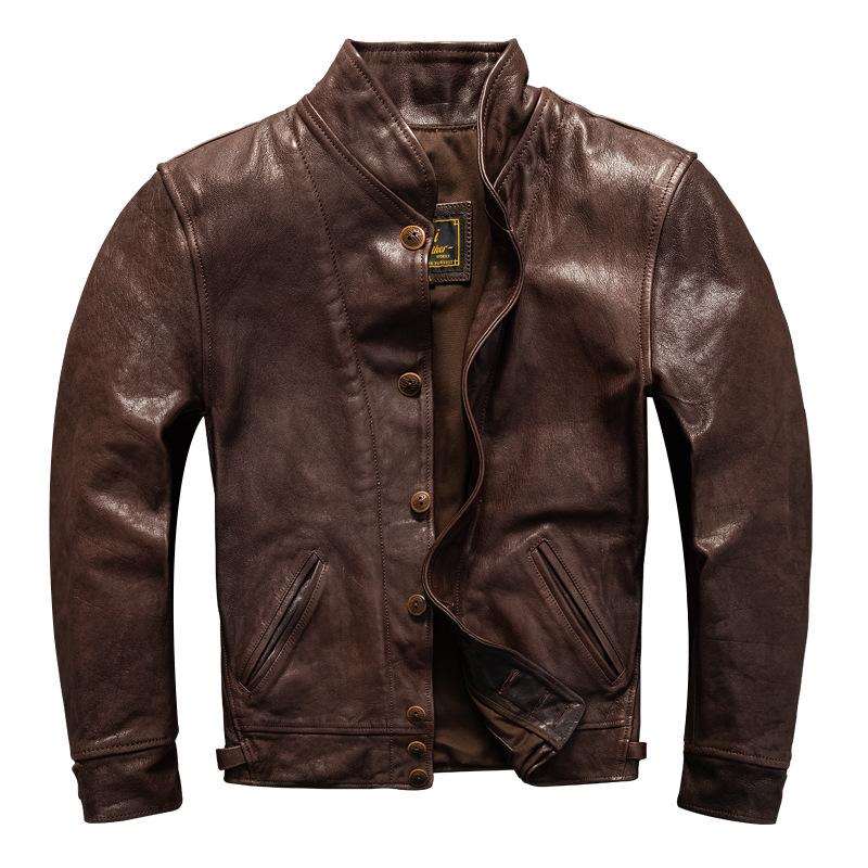 Vintage Heavy Water Shampoo Layer PU Leather Jacket Green Fruit Collar Men's Jacket