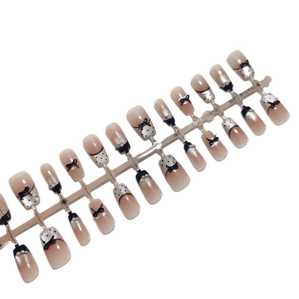 30-Piece Black & White Polka Dot Bow Nails - Short, Cute Design (T042)