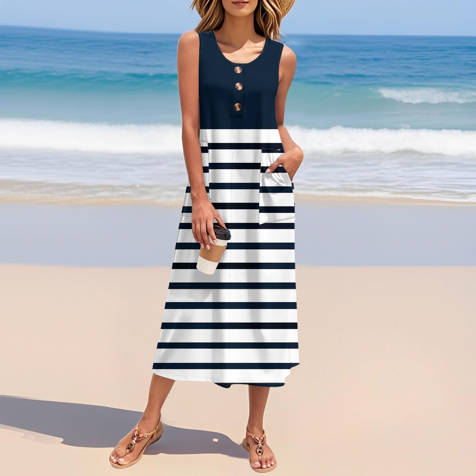

Женское летнее полосатое платье с принтом без рукавов на пуговицах, повседневный свободный длинный пляжный сарафан XXL тёмно-синий