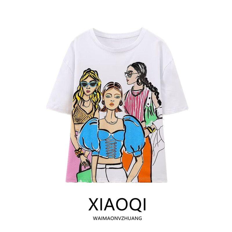 European American Summer New Women's Clothing Loose Ins Trendy Round Neck Girl Print Casual Short Sleeve T-shirt 0264357 250