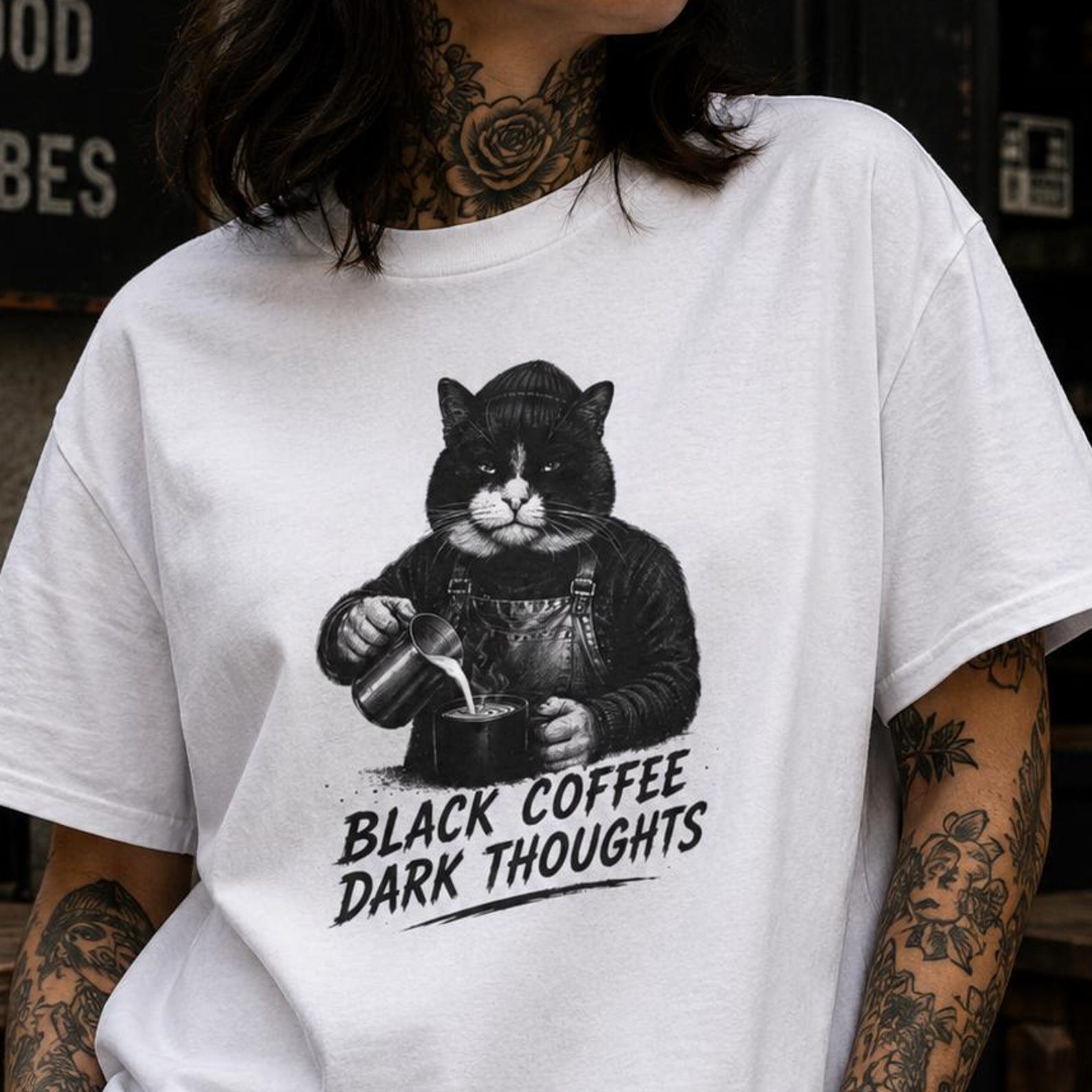 Black Coffee Dark Thoughts Cat Shirt, Funny Coffee Cat Tee, Dark Humor Graphic T-Shirt, Cat Lover Gift S