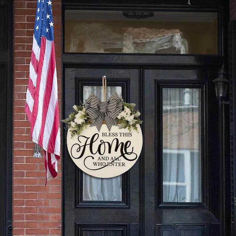 Round Flower Wreath Wooden Welcome Hanging Ornament for Front Door Outdoor Fall Decor Welcome Bow Knot Christmas Decoration