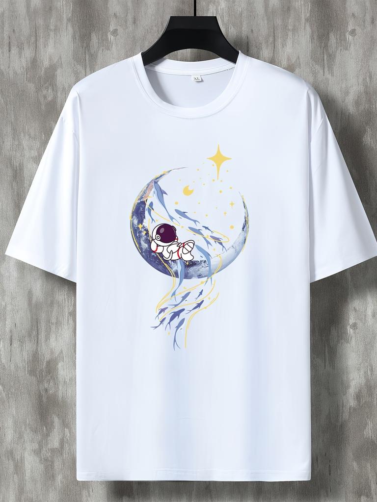 Mens Casual and Fashionable Moon Astronaut Graphic Printed Round Neck Short Sleeved Tshirt with Loose Clothing Added
