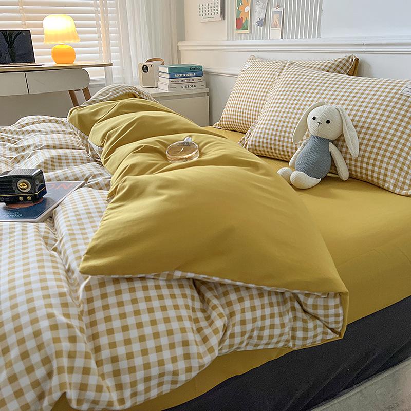 Muji Style Plaid Peach Fuzz Cotton Bedding Set: Skin-friendly Bed Sheet, Fitted Sheet, Duvet Cover - 3 or 4 Piece Options for Dorm.