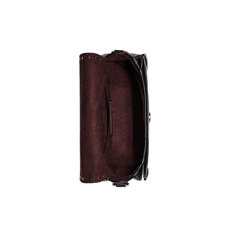 Coach Georgie 21 Carriage Color Matching Rivets Leather Saddle Bag Shoulder Crossbody Bag Small Size Women's Black with Reddish Brown