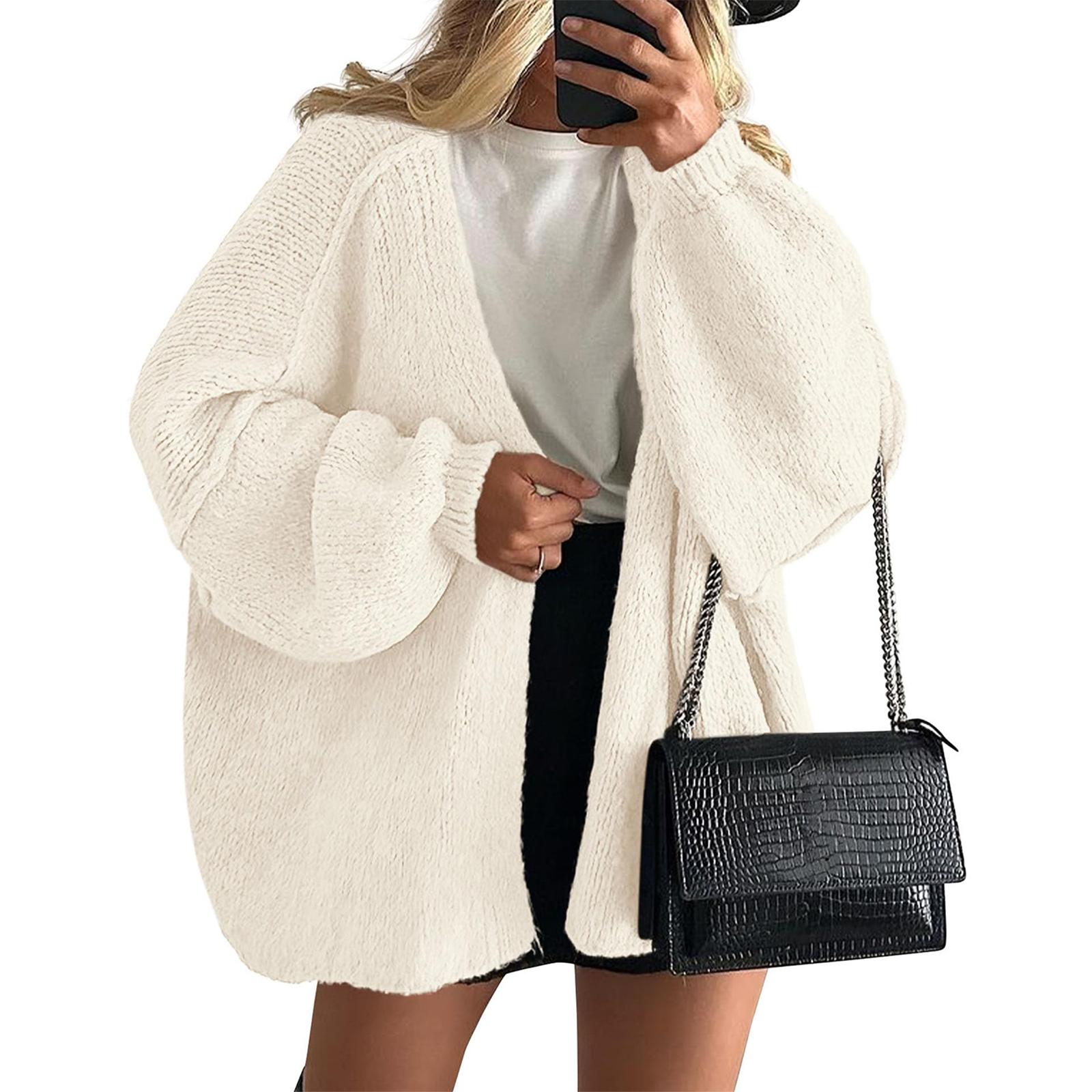 

Женская мода Однотонные пальто Длинный рукав Вязаный повседневный кардиган Свитер Куртка XL белый